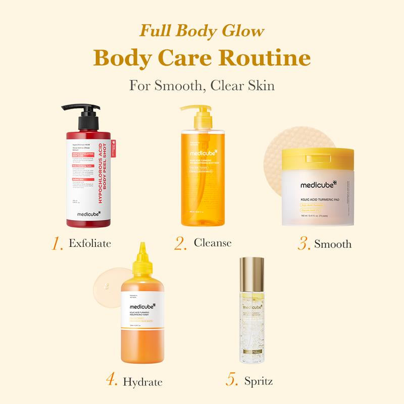 [NEW] [Medicube] Smooth & Clear Body Care Set | Hypochlorous Acid Body Peel Shot, Kojic Acid Turmeric Body Wash, Toner Pad, Toner, Mist | Exfoliating for Dead Skin Cells & Excess Sebum & Clearing for after Spots, Texture & Uneven Skin Tone | K-Beauty